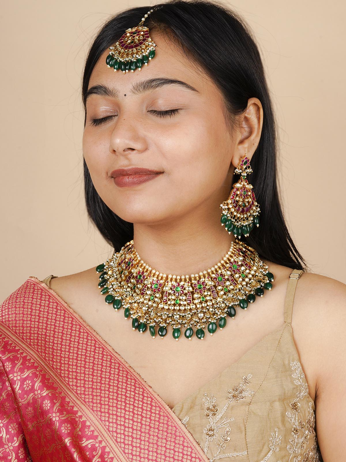 MS2040M - Multicolor Gold Plated Jadau Kundan Necklace Set