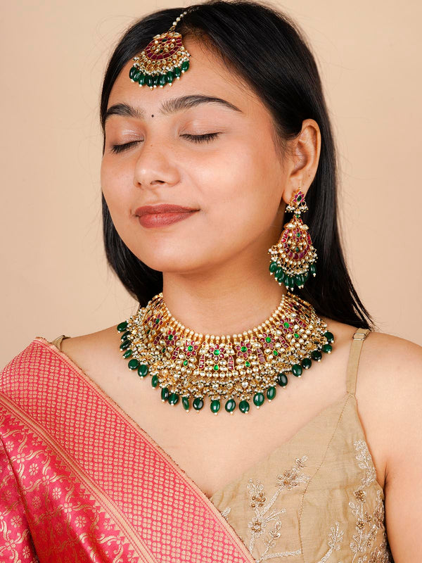MS2040M - Multicolor Gold Plated Jadau Kundan Bridal Necklace Set