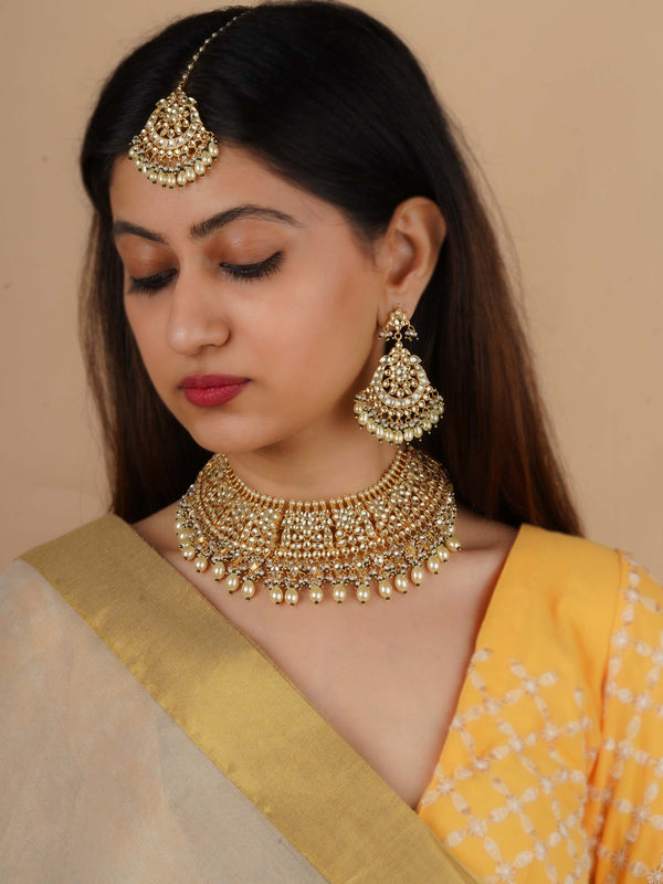 MS2040YA - Green Color Gold Plated Jadau Kundan Bridal Necklace Set