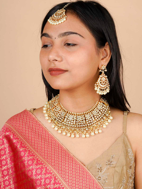 MS2040Y - White Color Gold Plated Jadau Kundan Bridal Necklace Set