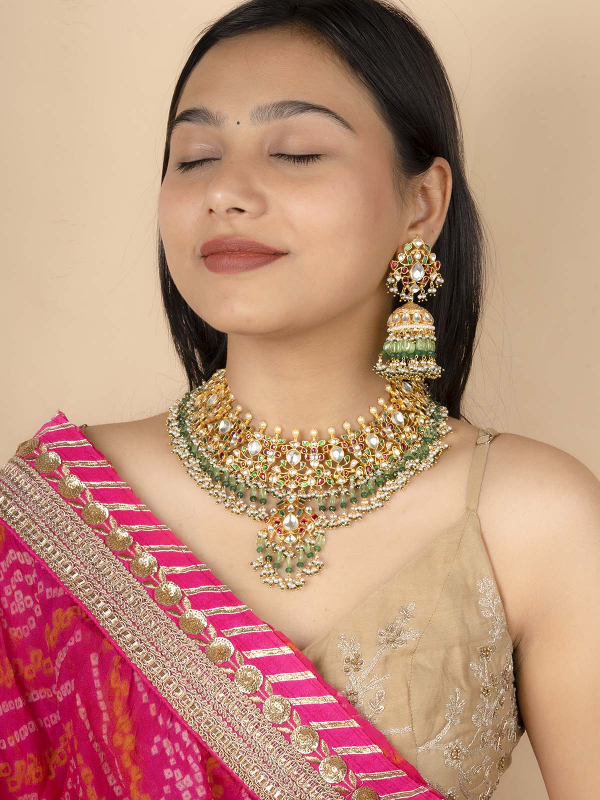 MS2043M - Green Color Gold Plated Jadau Kundan Necklace Set