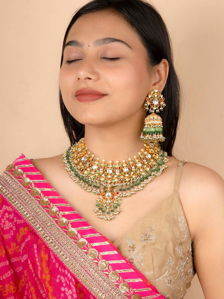 MS2043M - Green Color Gold Plated Jadau Kundan Necklace Set