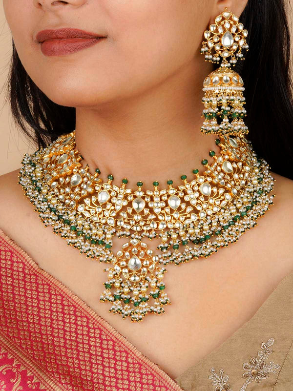 MS2043Y - Green Color Gold Plated Jadau Kundan Necklace Set