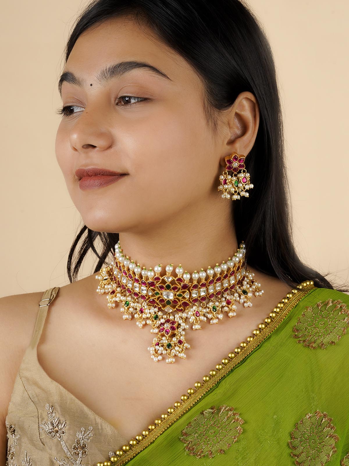 MS2046M - Multicolor Gold Plated Jadau Kundan Necklace Set