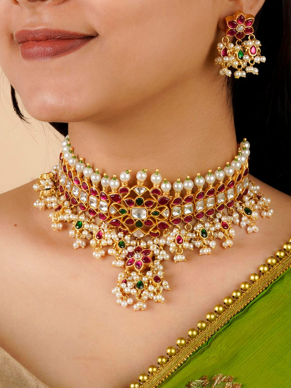 MS2046M - Multicolor Gold Plated Jadau Kundan Necklace Set