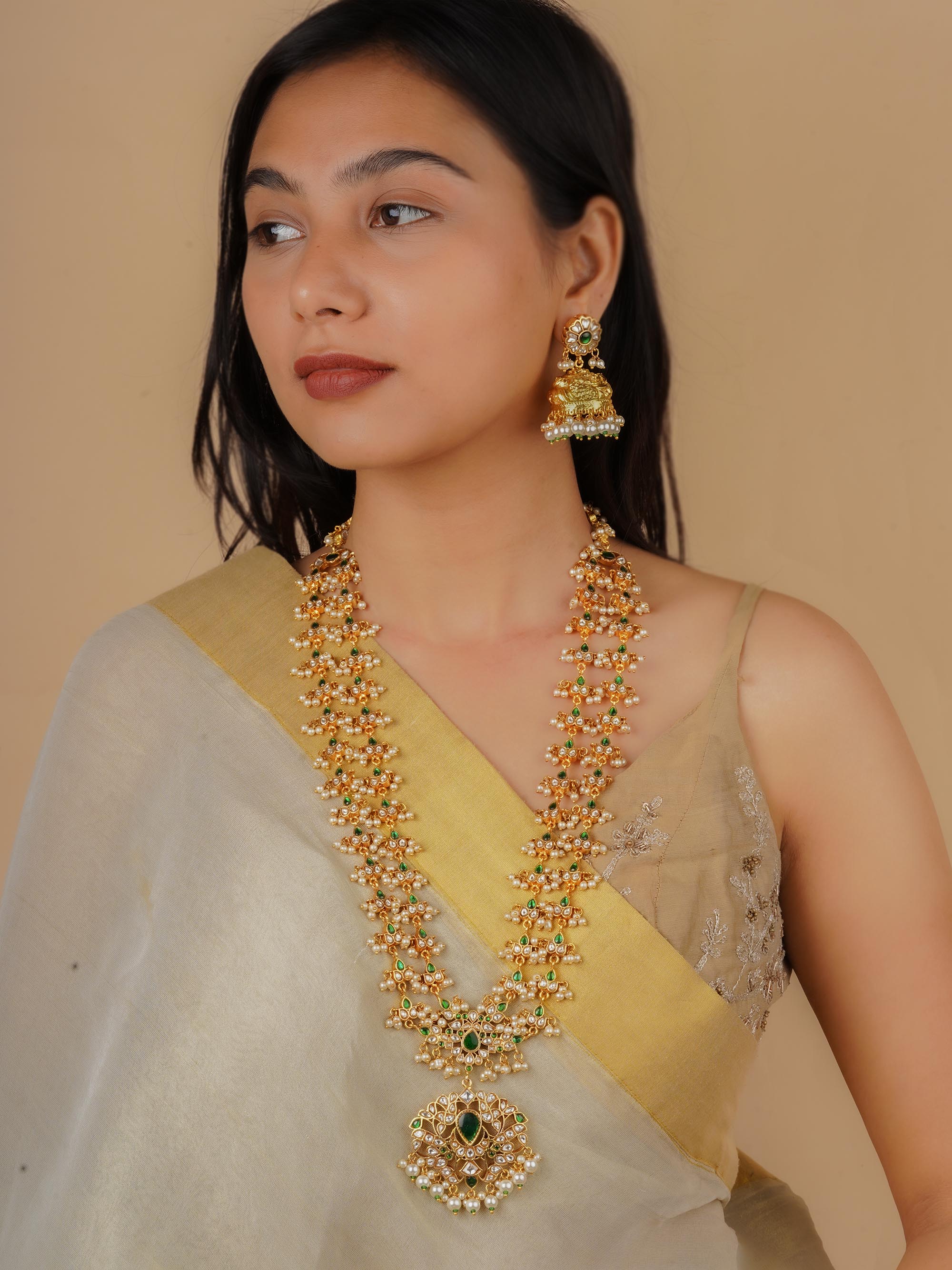 MS2049WGR - Green Color Gold Plated Jadau Kundan Necklace Set
