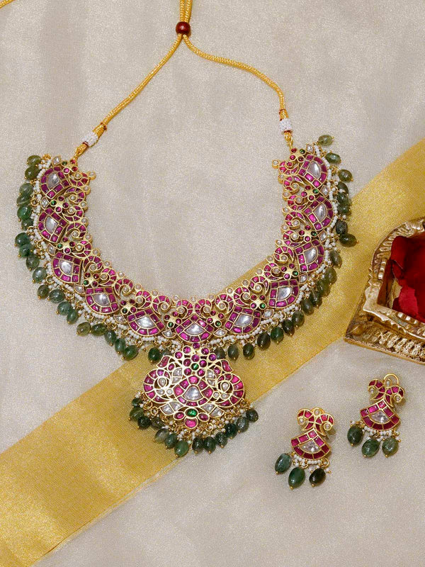 MS2050M - Pink Color Gold Plated Jadau Kundan Necklace Set