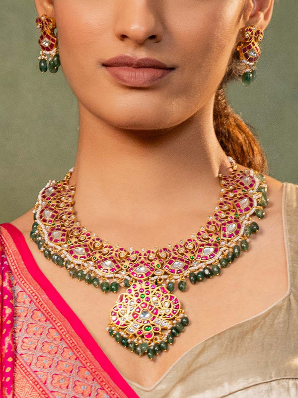 MS2050M - Pink Color Gold Plated Jadau Kundan Necklace Set