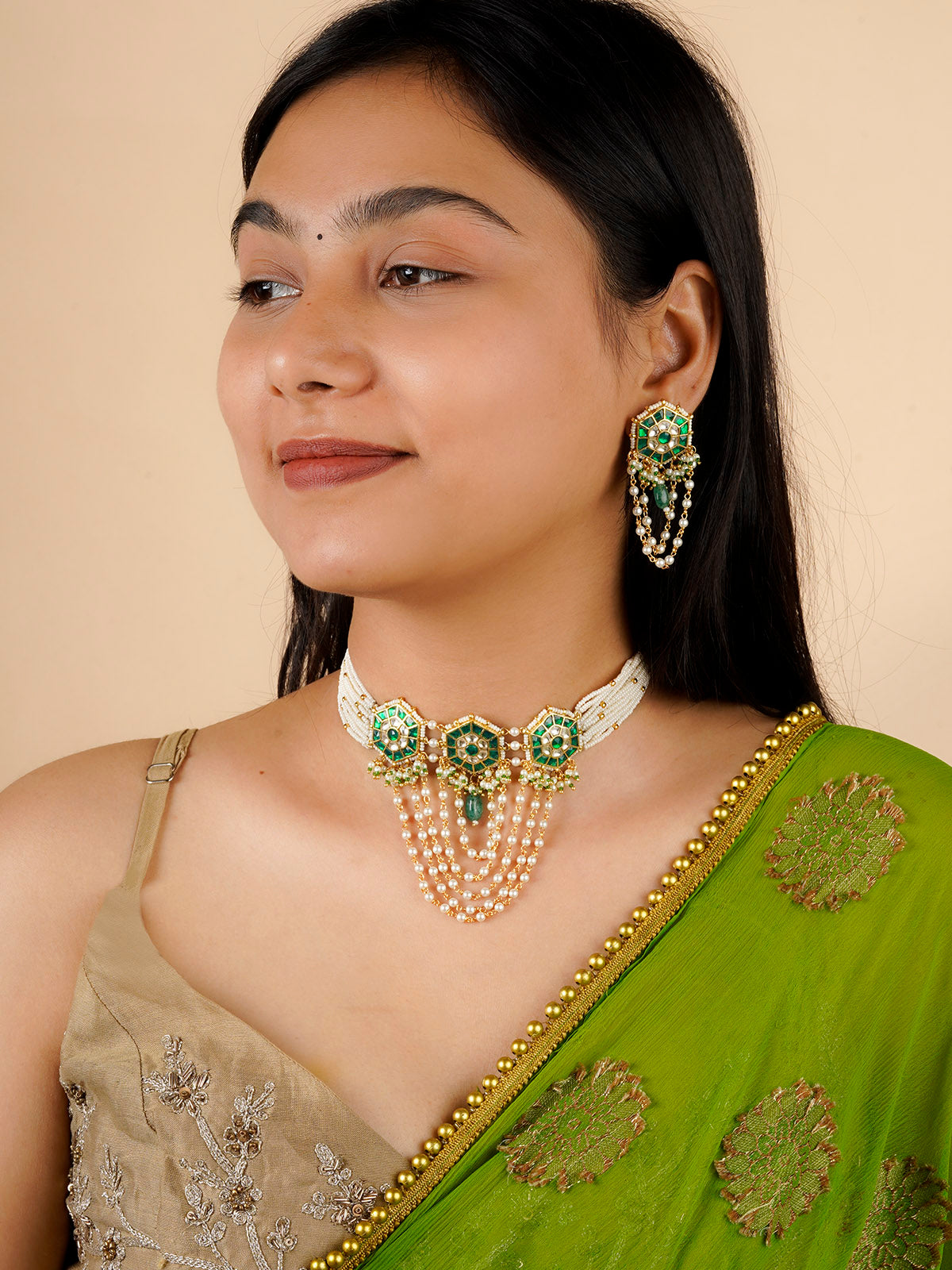 MS2052YGR - Green Color Gold Plated Jadau Kundan Necklace Set