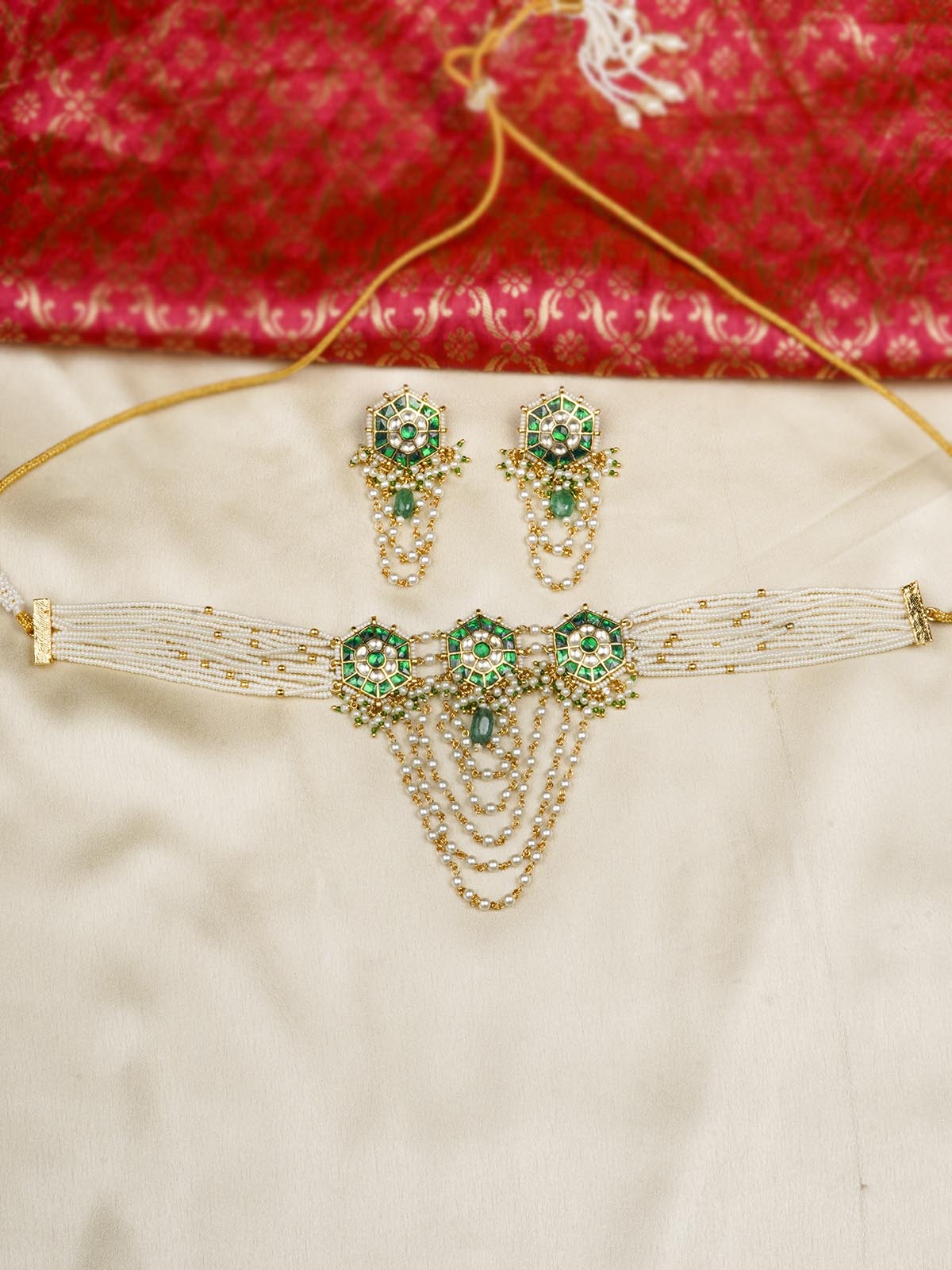 MS2052YGR - Green Color Gold Plated Jadau Kundan Necklace Set