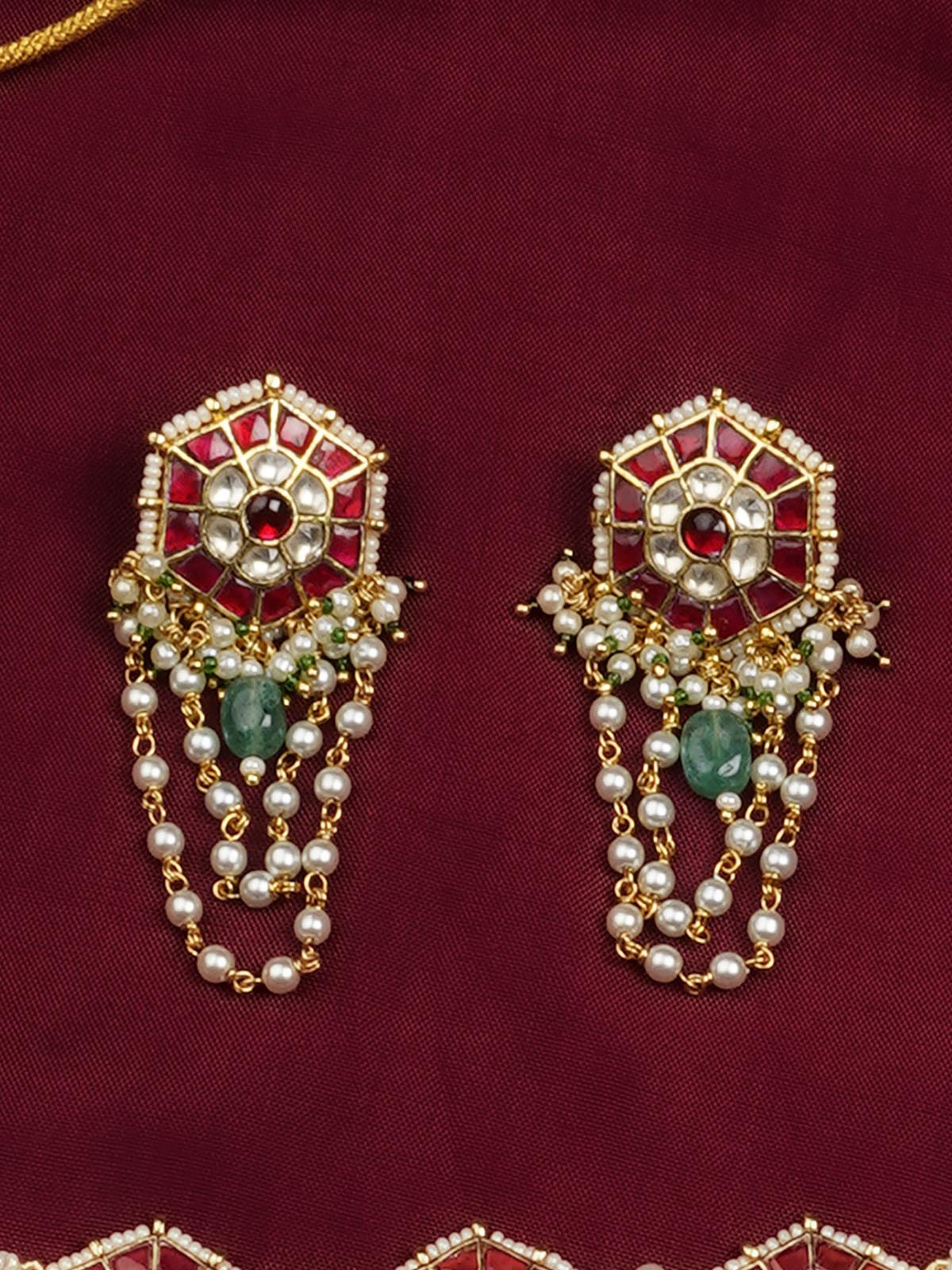 MS2052YR - Red Color Gold Plated Jadau Kundan Necklace Set