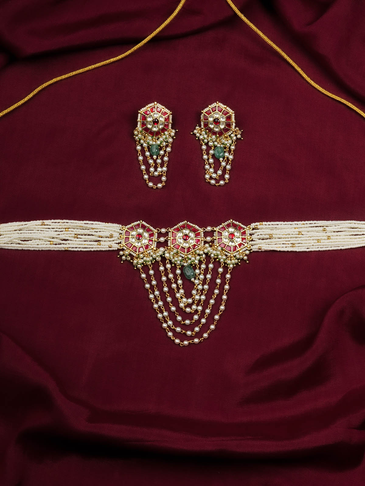 MS2052YR - Red Color Gold Plated Jadau Kundan Necklace Set