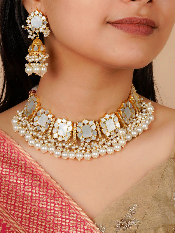MS2054 - White Color Gold Plated Thappa Jadau Kundan Necklace Set