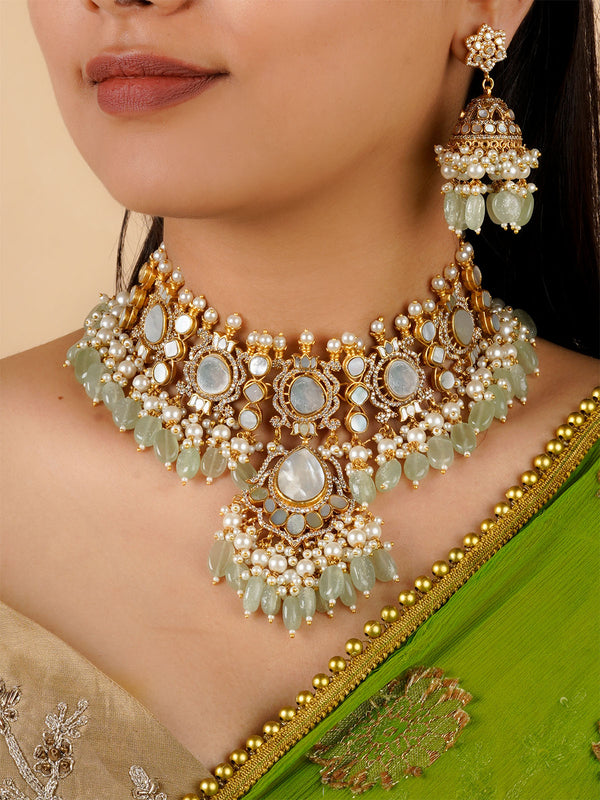 MS2055 - Light Green Color Gold Plated Jadau Kundan Necklace Set