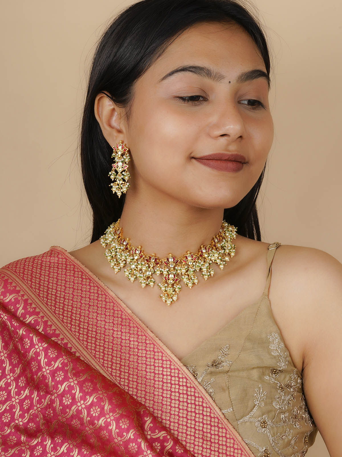 MS2056YR - Multicolor Gold Plated Jadau Kundan Necklace Set