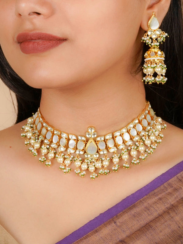 MS2057 - Green Color Gold Plated Jadau Kundan Necklace Set