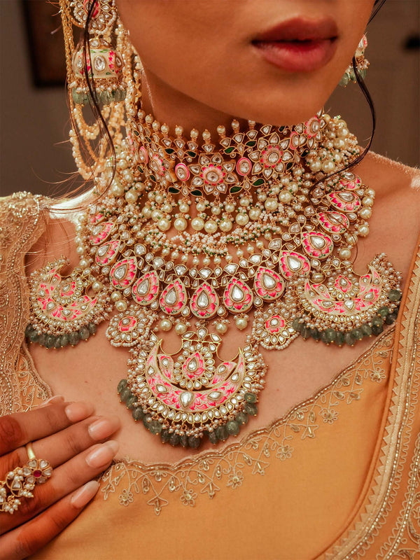 Pink Color Gold Plated Jadau Kundan Bridal Necklace Set - MS2062