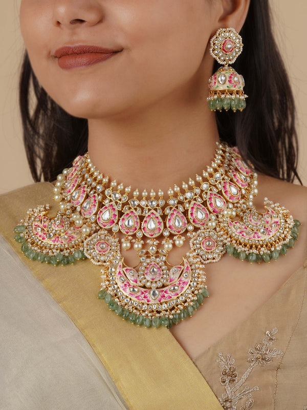 MS2062 - Pink Color Gold Plated Jadau Kundan Bridal Necklace Set