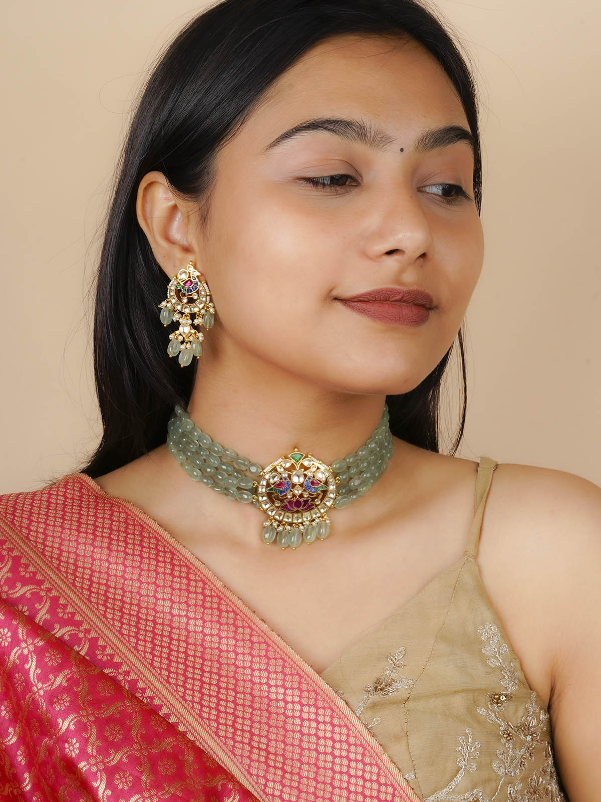 MS2067M - Multicolor Gold Plated Jadau Kundan Necklace Set