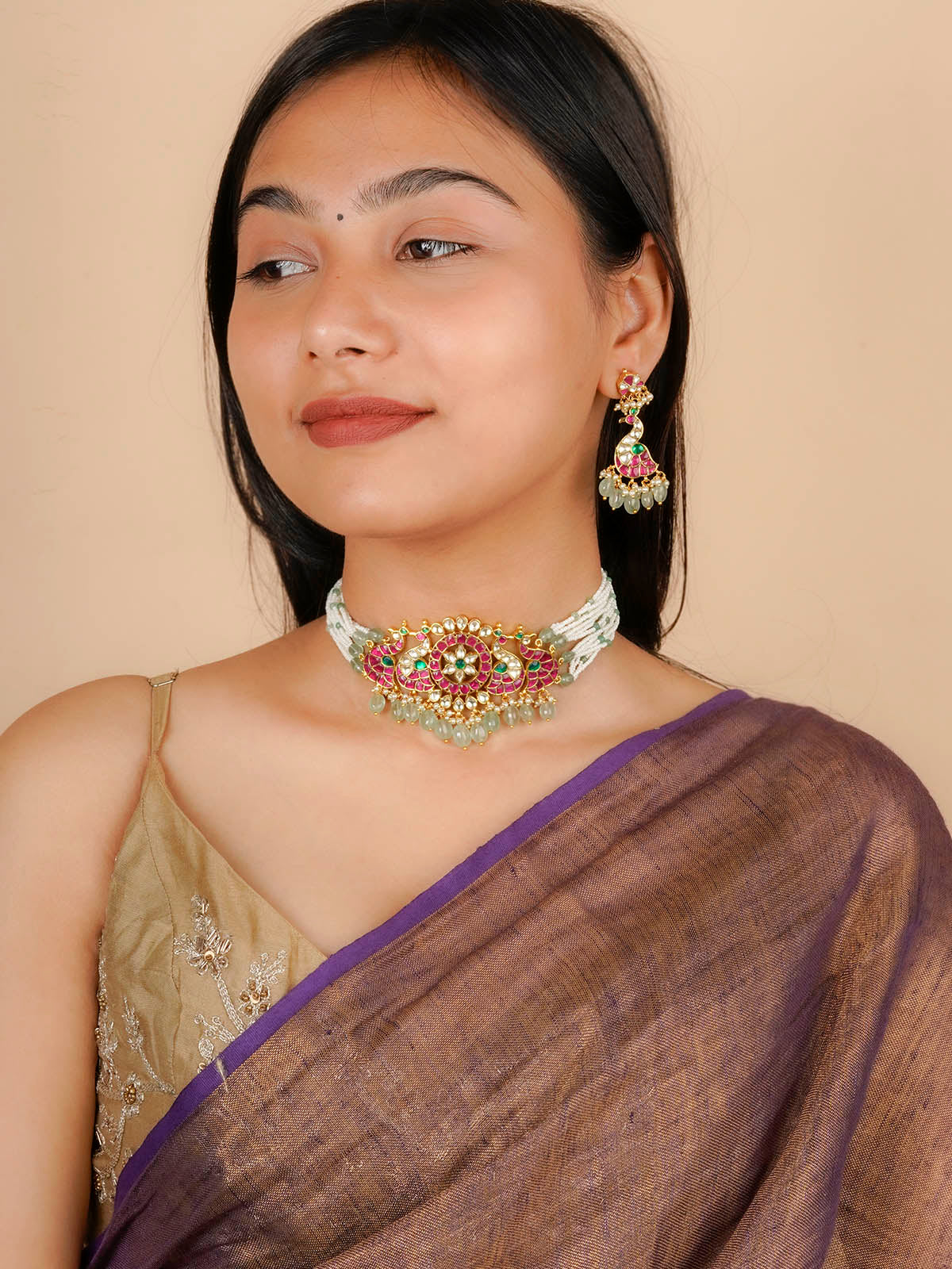MS2068M - Multicolor Gold Plated Jadau Kundan Necklace Set