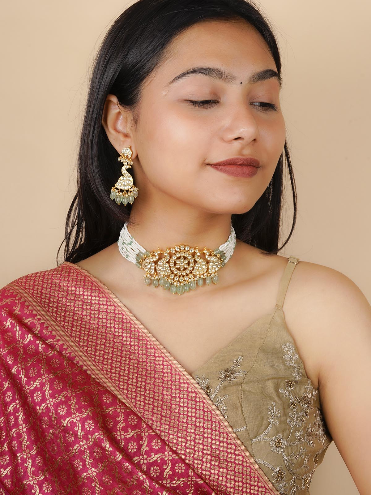 MS2068Y - Green Color Gold Plated Jadau Kundan Necklace Set