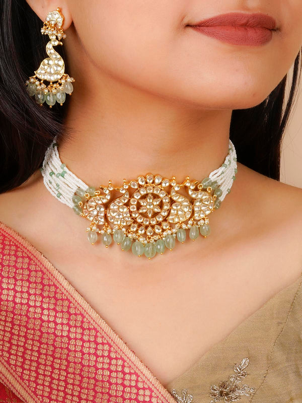MS2068Y - Green Color Gold Plated Jadau Kundan Necklace Set