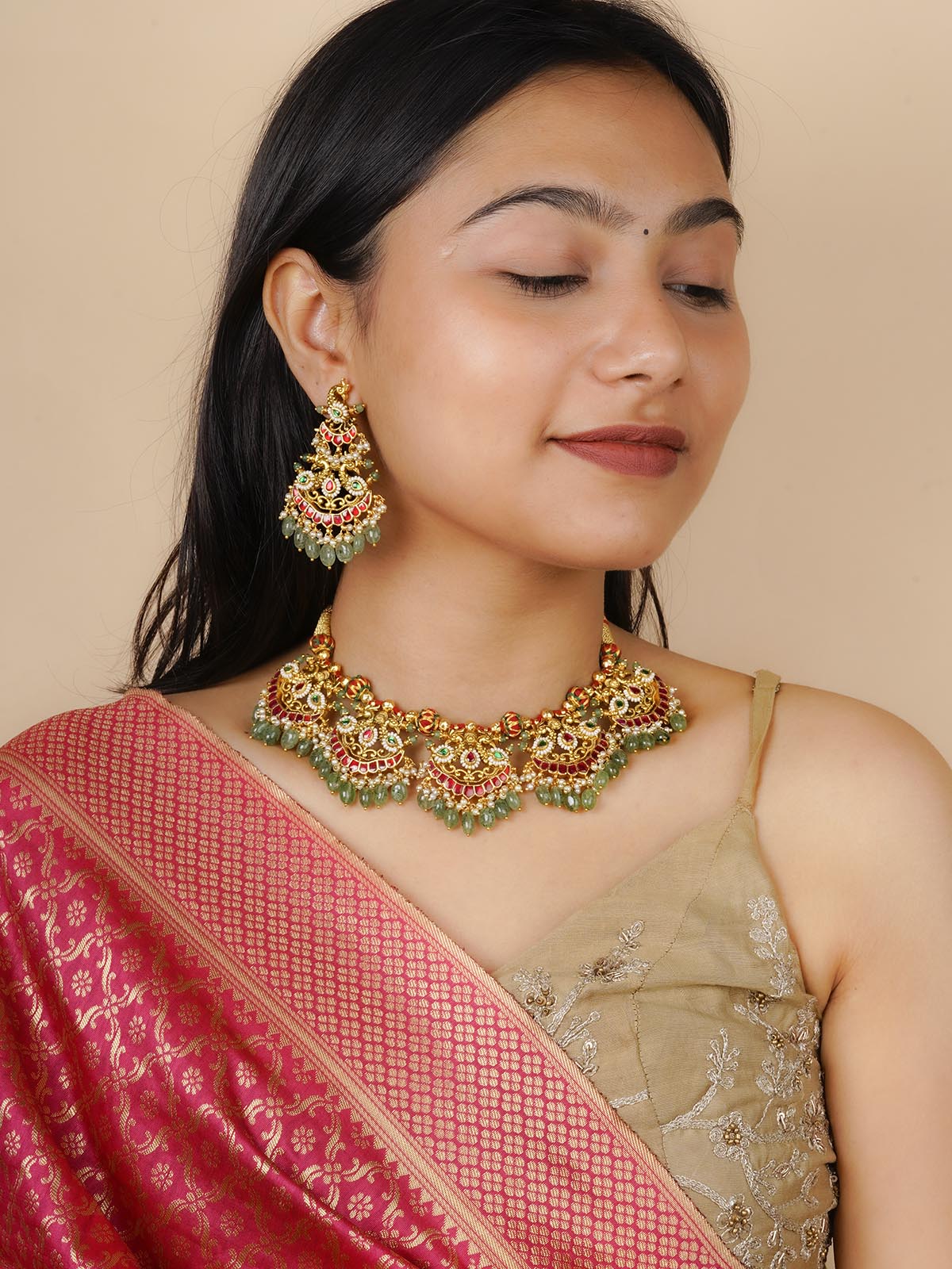 MS2069M - Multicolor Gold Plated Jadau Kundan Necklace Set