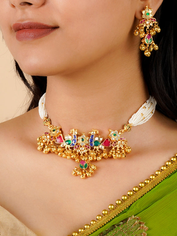 MS2070MA - Multicolor Gold Plated Jadau Kundan Necklace Set