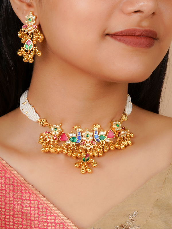 MS2070M - Multicolor Gold Plated Jadau Kundan Necklace Set