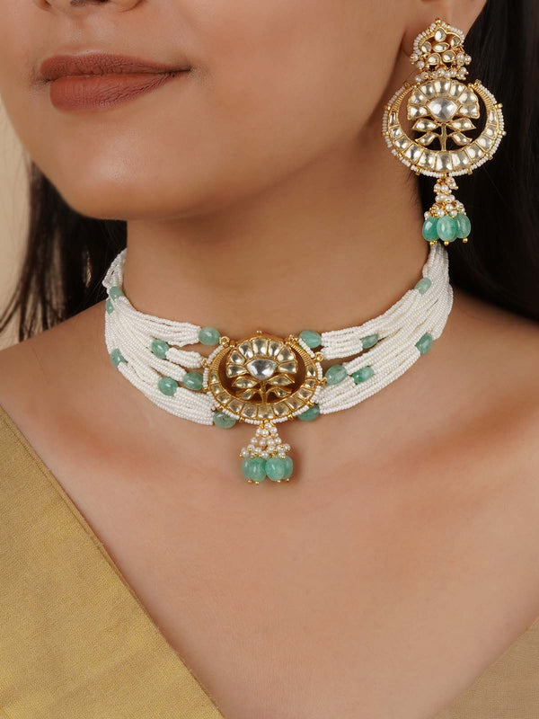 MS2071YA - Green Color Gold Plated Jadau Kundan Necklace Set
