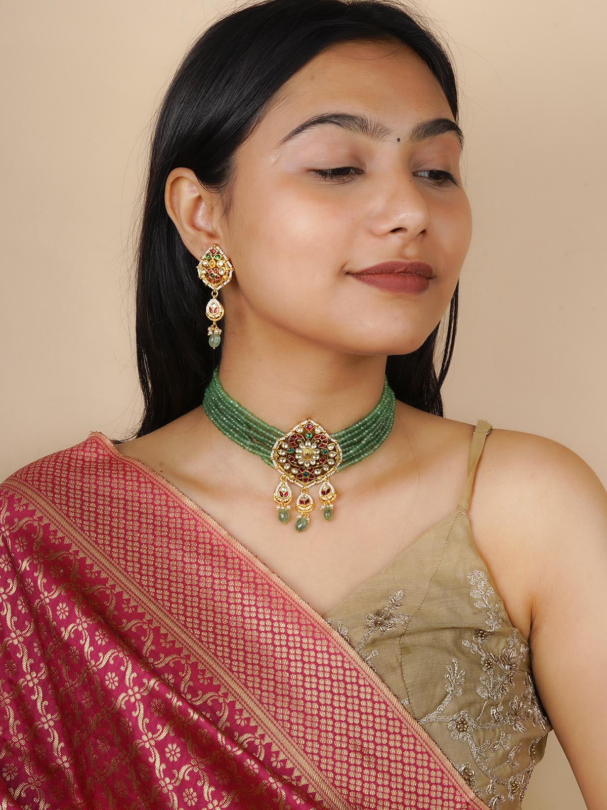 MS2072M - Multicolor Gold Plated Jadau Kundan Necklace Set