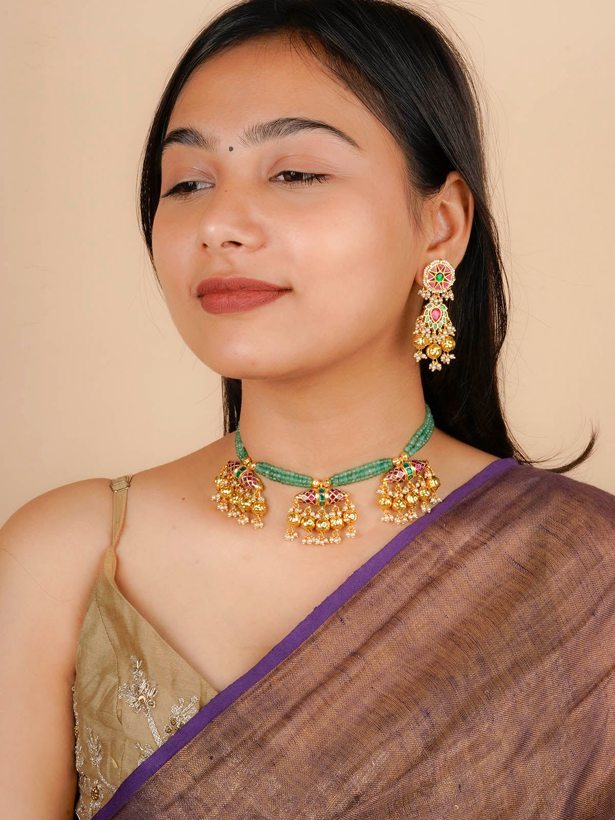 MS2073M - Multicolor Gold Plated Jadau Kundan Necklace Set
