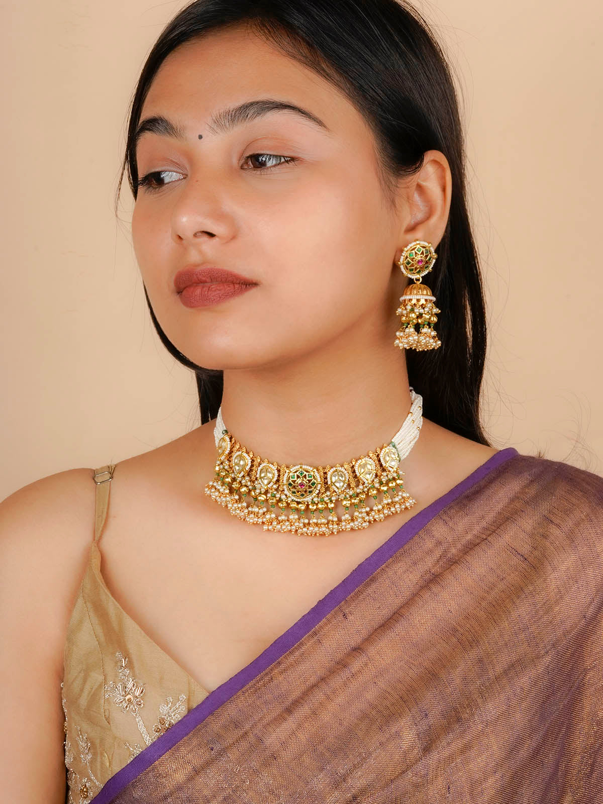 MS2074M - Green Color Gold Plated Jadau Kundan Necklace Set