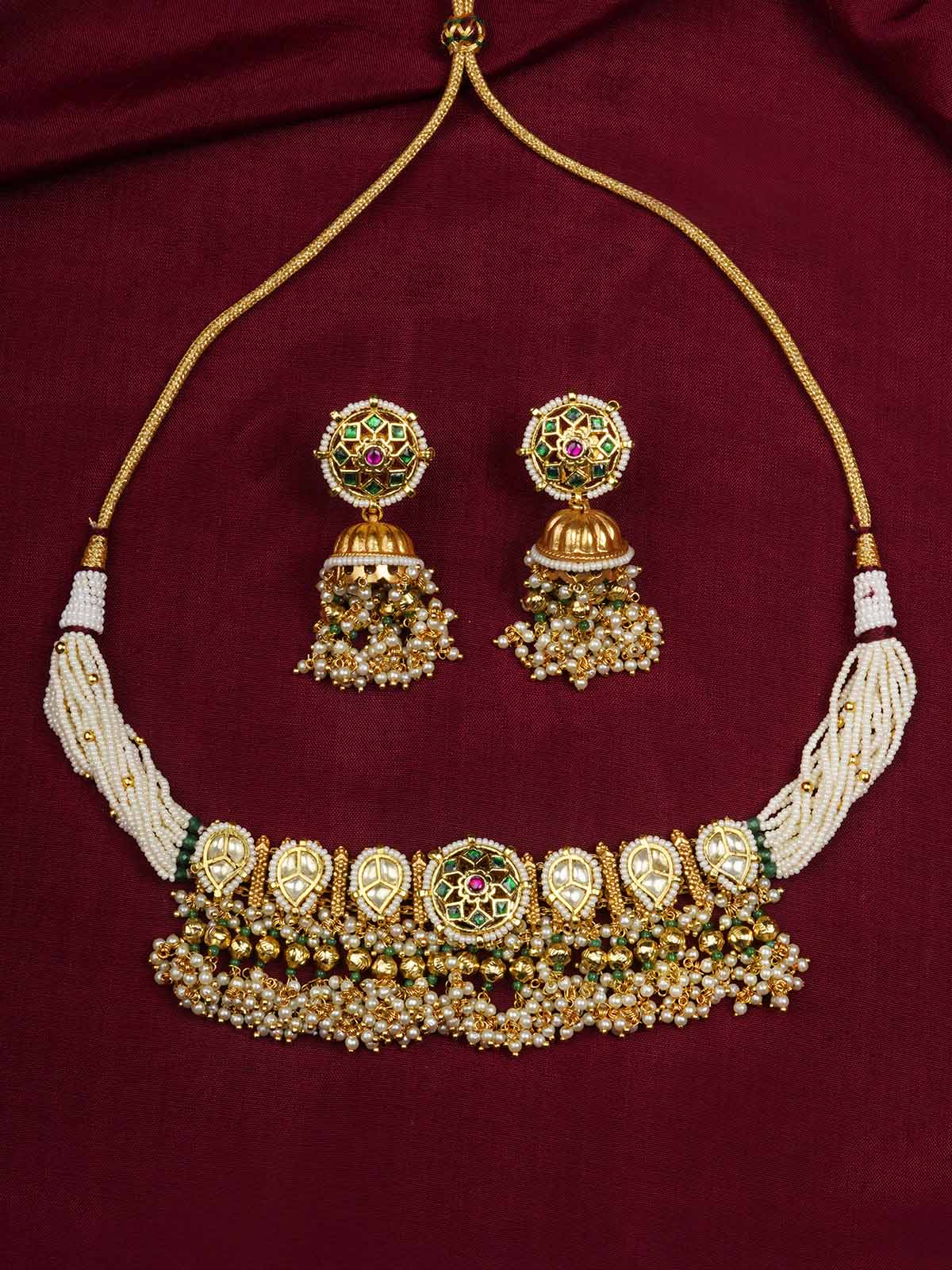 MS2074M - Green Color Gold Plated Jadau Kundan Necklace Set