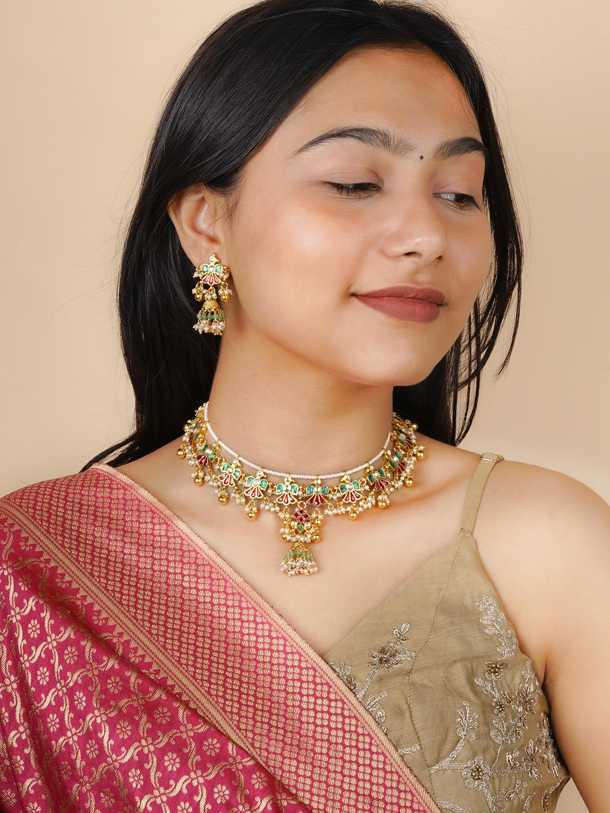 MS2076M - Multicolor Gold Plated Jadau Kundan Necklace Set