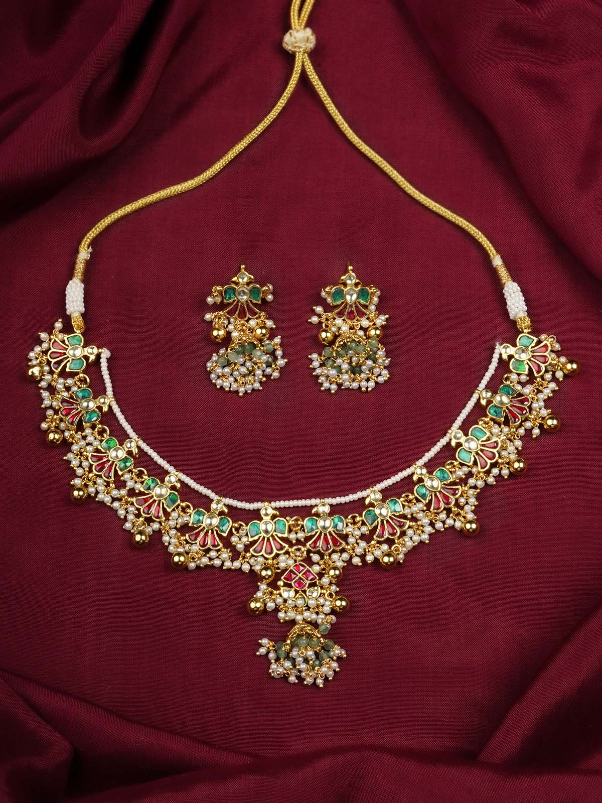 MS2076M - Multicolor Gold Plated Jadau Kundan Necklace Set