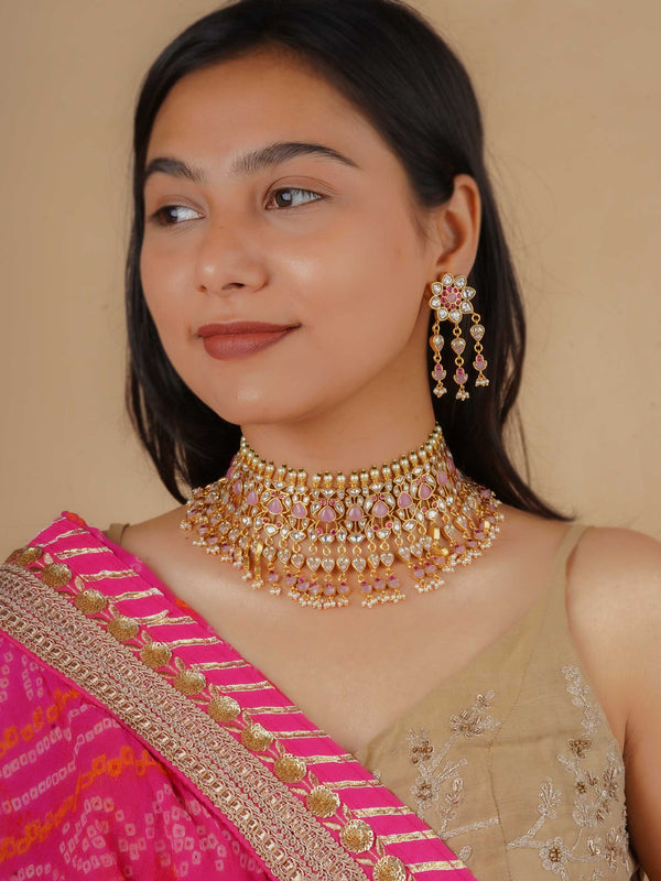 MS2077M - Pink Color Gold Plated Jadau Kundan Bridal Necklace Set