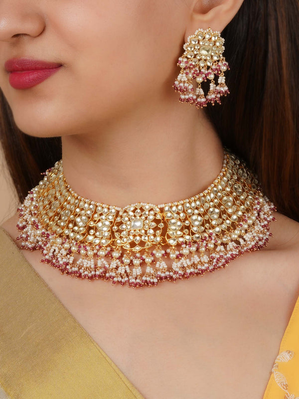 MS2079Y - Pink Color Gold Plated Jadau Kundan Necklace Set