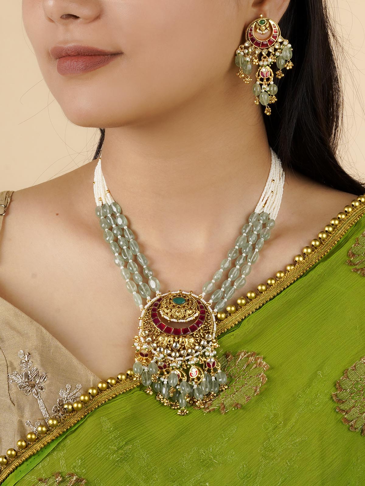 MS2081M - Multicolor Gold Plated Jadau Kundan Necklace Set