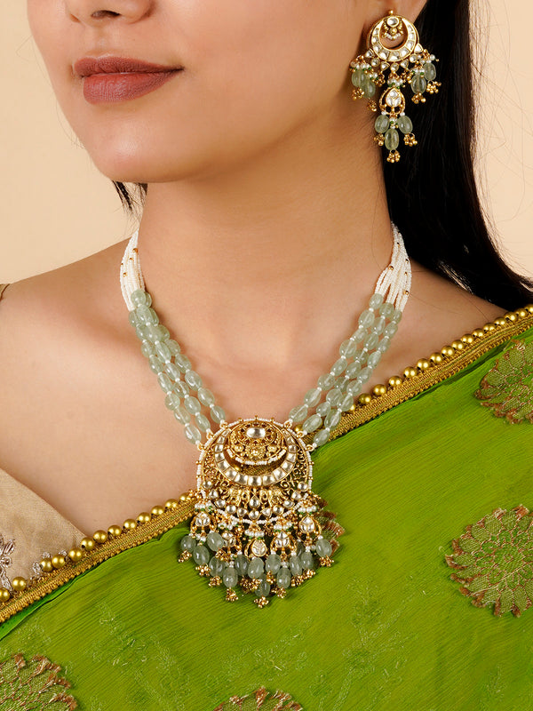 MS2081Y - Light Green Color Gold Plated Jadau Kundan Necklace Set