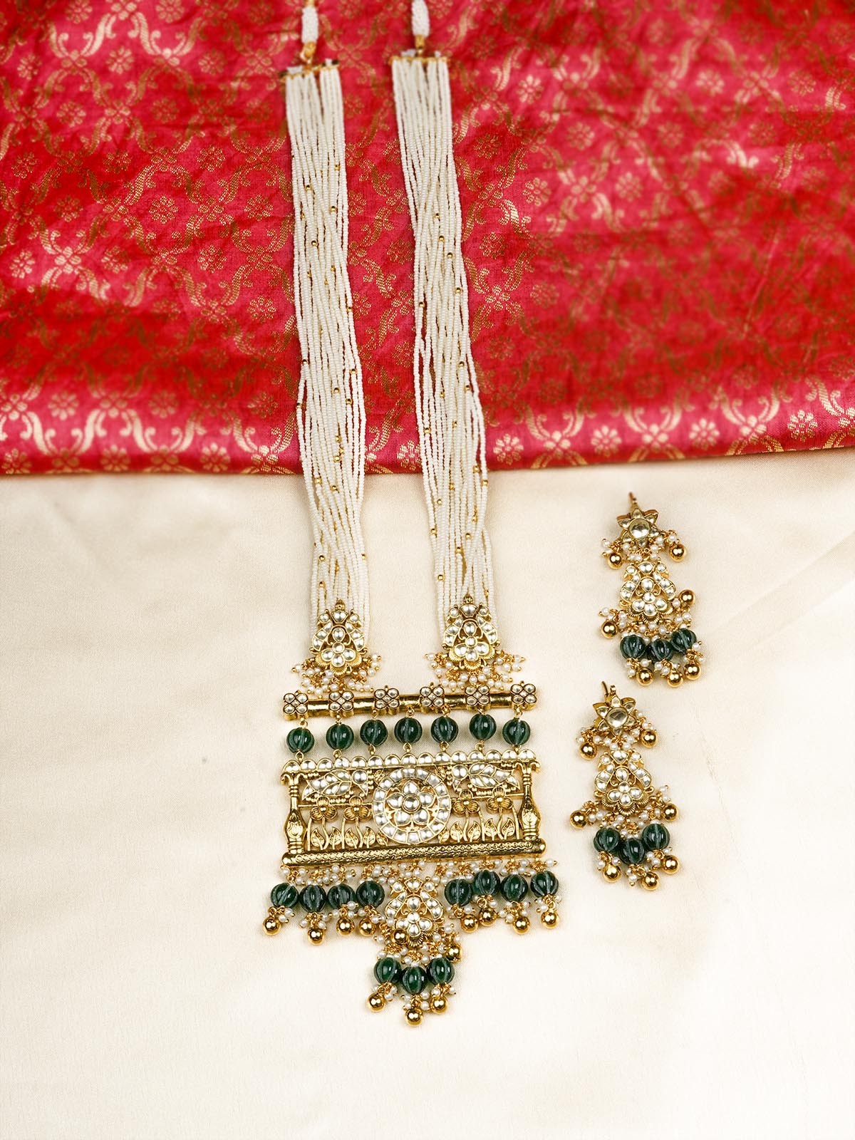 MS2082Y - Green Color Gold Plated Jadau Kundan Necklace Set