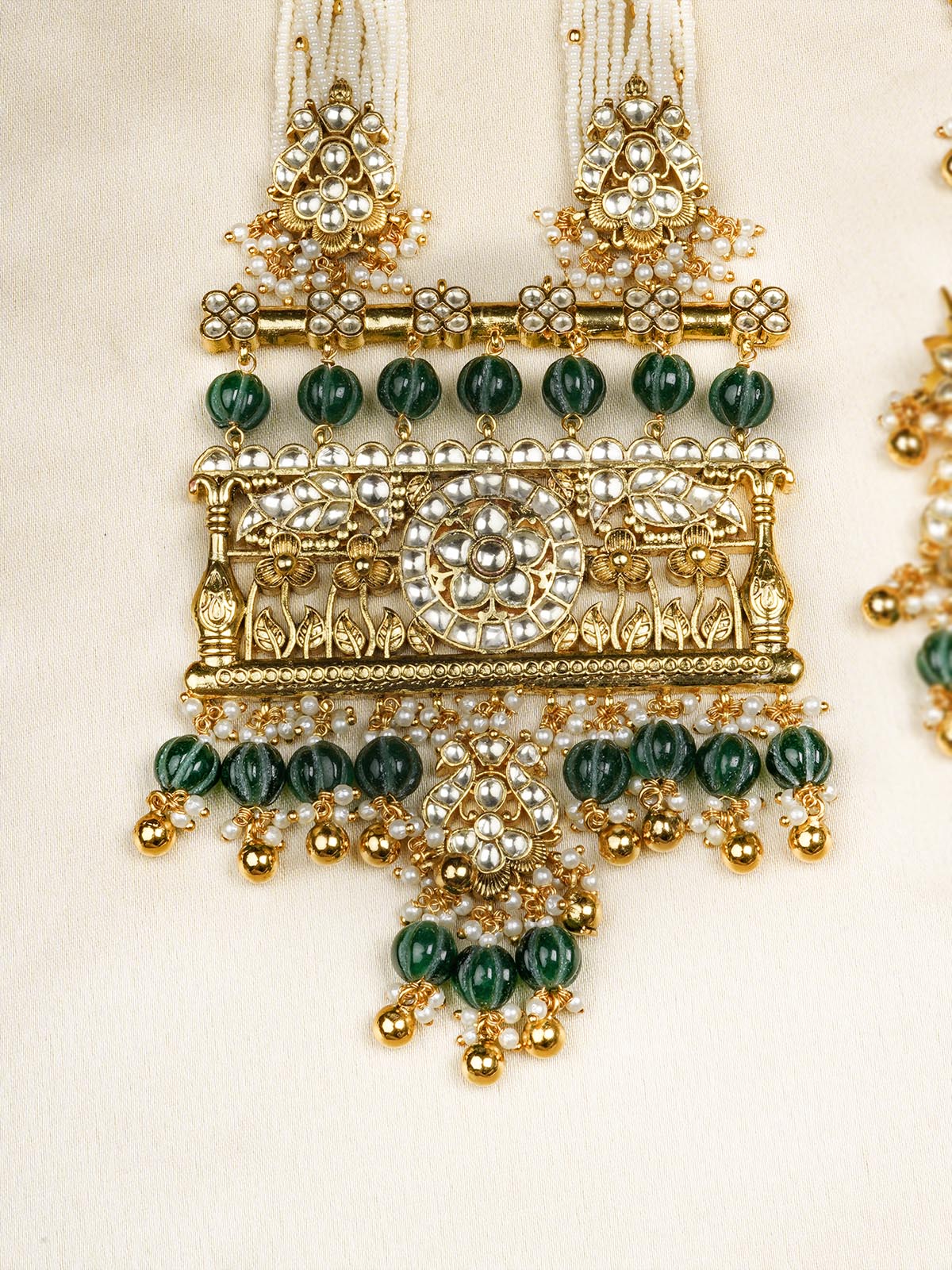 MS2082Y - Green Color Gold Plated Jadau Kundan Necklace Set