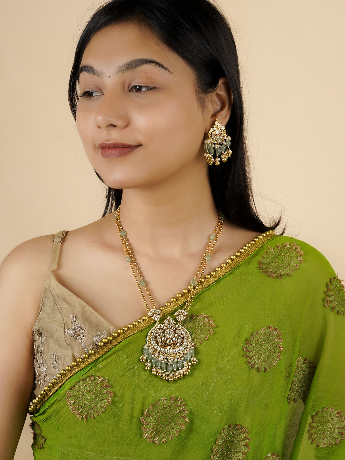 MS2083Y - Green Color Gold Plated Jadau Kundan Necklace Set