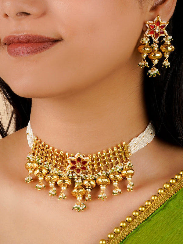 MS2087YR - Pink Color Gold Plated Jadau Kundan Necklace Set