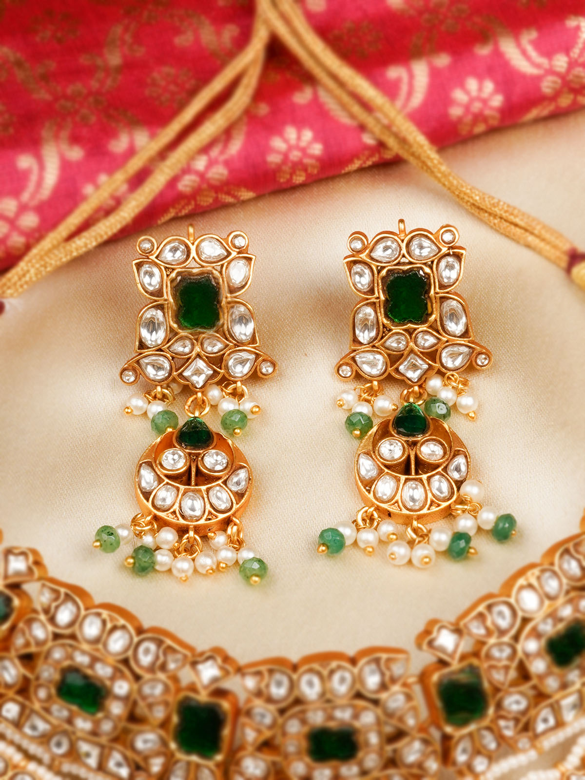 MS2089WGR - Green Color Gold Plated Jadau Kundan Necklace Set
