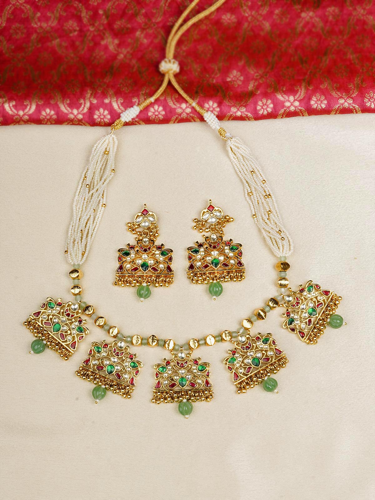 MS2091M - Multicolor Gold Plated Jadau Kundan Necklace Set