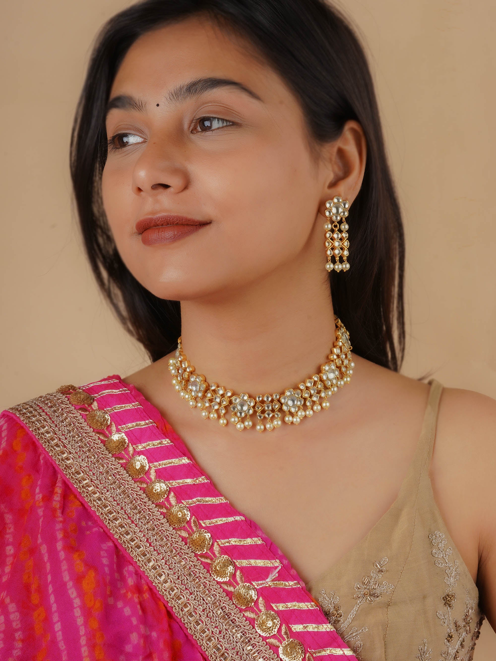 MS2093Y - White Color Gold Plated Jadau Kundan Necklace Set