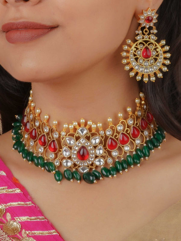 MS2096WR - Red Color Gold Plated Jadau Kundan Bridal Necklace Set