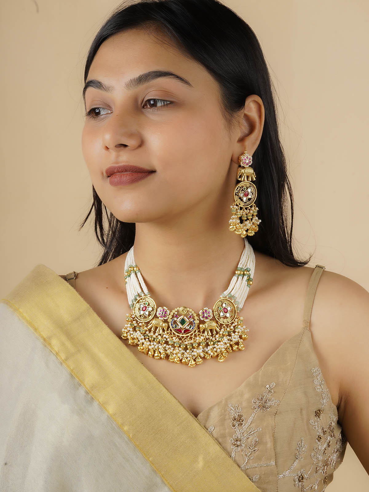 MS2102M - Multicolor Gold Plated Jadau Kundan Necklace Set