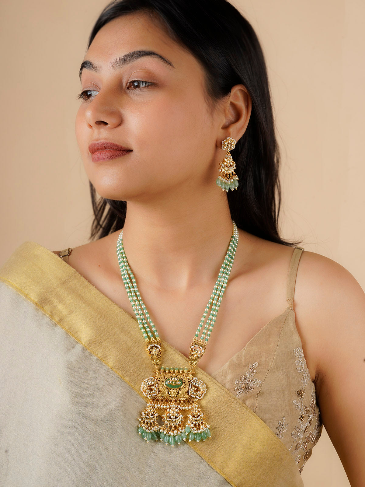 MS2103 - Green Color Gold Plated Jadau Kundan Necklace Set